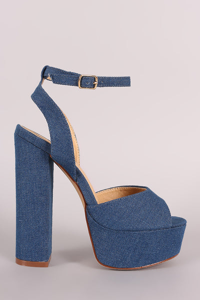 Liliana Denim Peep Toe Platform Chunky Heel