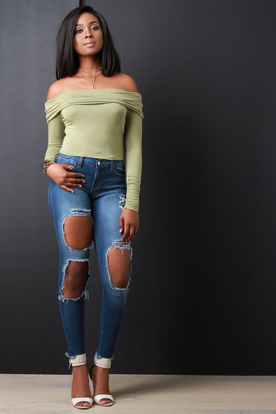 Folded Off the Shoulder Longsleeve Crop Top