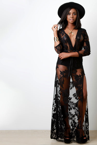 Floral Patterned Lace Plunging V Belted Dress