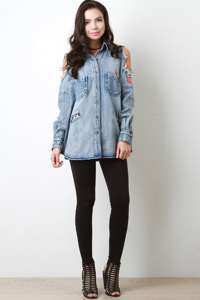 The Royal Cold Shoulder Denim Button Up Top