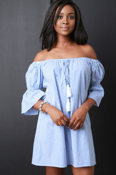 Bardot Flounce Sleeve Striped Shift Dress