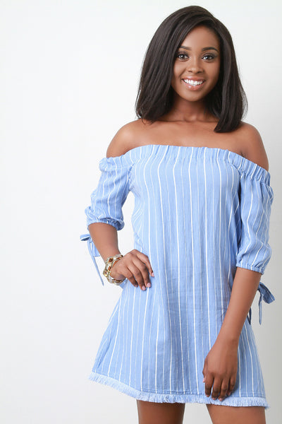 Eyelash Fringed Striped Bardot Dress