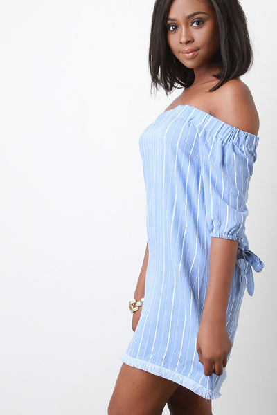 Eyelash Fringed Striped Bardot Dress