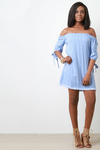 Eyelash Fringed Striped Bardot Dress