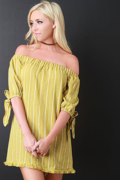 Eyelash Fringed Striped Bardot Dress