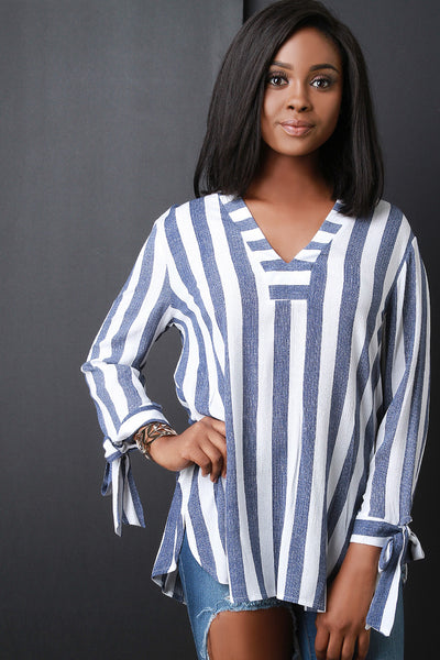 Striped V-Neck Tied Sleeve Top