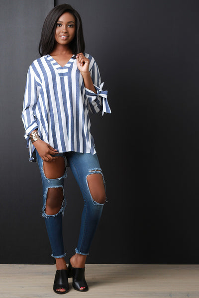 Striped V-Neck Tied Sleeve Top