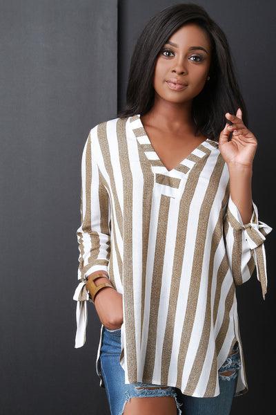 Striped V-Neck Tied Sleeve Top