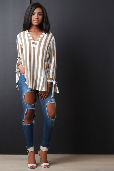 Striped V-Neck Tied Sleeve Top