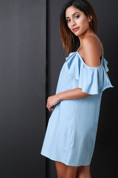 Open Shoulder Ruffle Sleeve Shift Dress