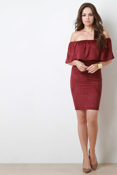 Suede Off the Shoulder Flounce Dress