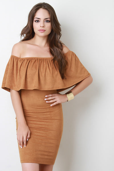 Suede Off the Shoulder Flounce Dress