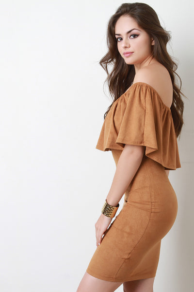 Suede Off the Shoulder Flounce Dress