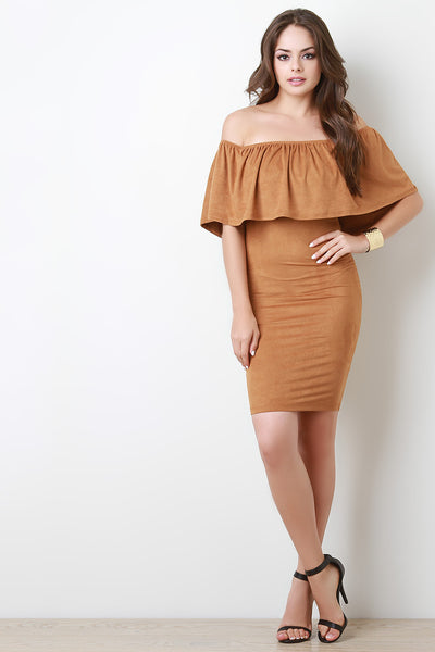 Suede Off the Shoulder Flounce Dress