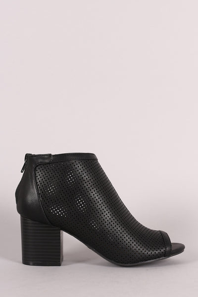 Bamboo Perforated Peep Toe Chunky Heeled Booties