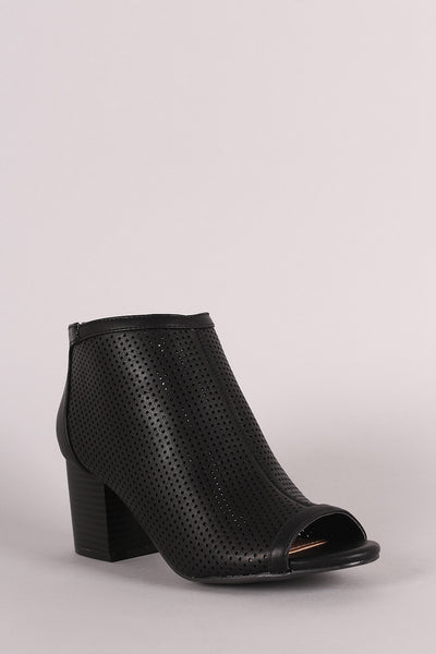 Bamboo Perforated Peep Toe Chunky Heeled Booties