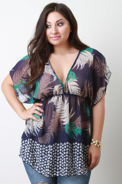 Tropical Print Deep V Chiffon Blouse