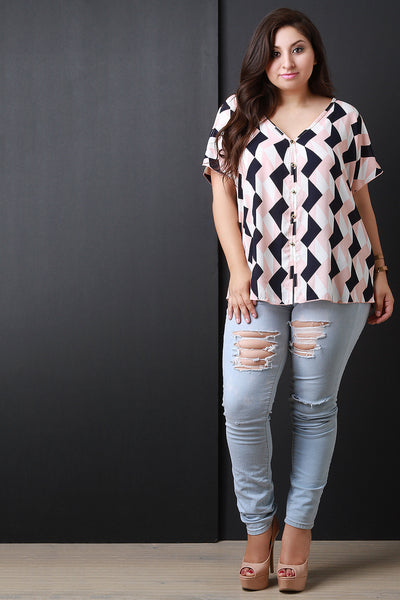 Geometric Print Cold Shoulder Button Up Top