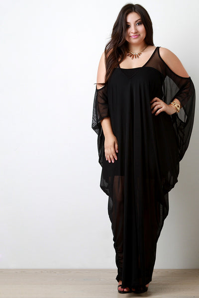 Semi-Sheer Mesh Cold Shoulder Cocoon Maxi Dress