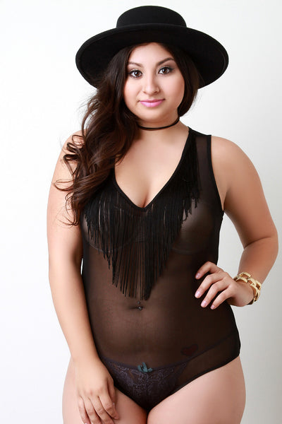 Semi-Sheer Mesh Fringe V-neck Bodysuit