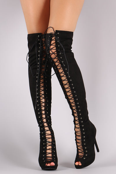 Liliana Suede Lace Up Stiletto Heeled Over-The-Knee Boots