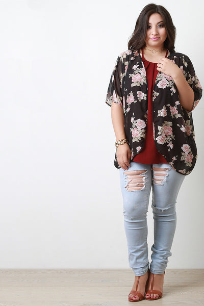 Rosette Chiffon Open Front High Low Cardigan