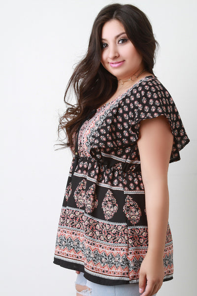 Paisley Print Flounce Sleeves Peasant Top