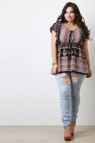 Paisley Print Flounce Sleeves Peasant Top