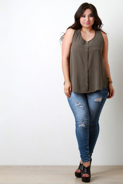 Textured Woven Button Detail Pocket Tunic Top