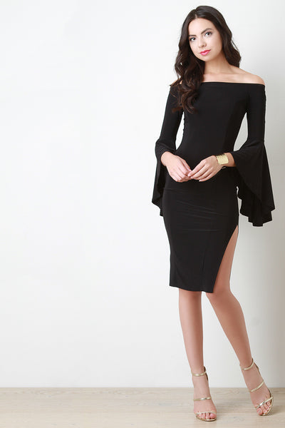 Banded Off The Shoulder Ruffle Sleeves Bodycon Dress