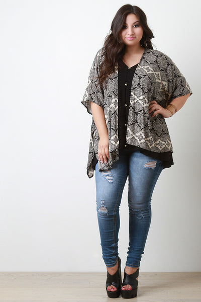 Paisley Print Kimono Sleeve Open Front Cardigan