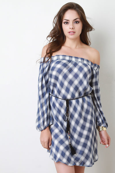 Plaid Off-The-Shoulder Long Sleeve Belted Dress