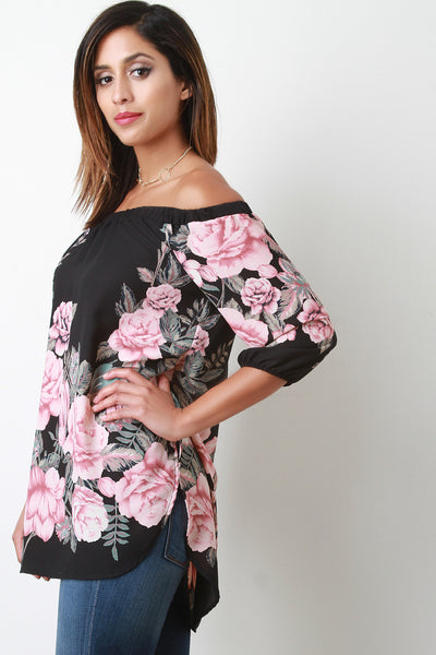 Chiffon Floral Elbow Sleeve Off-The-Shoulder Blouse