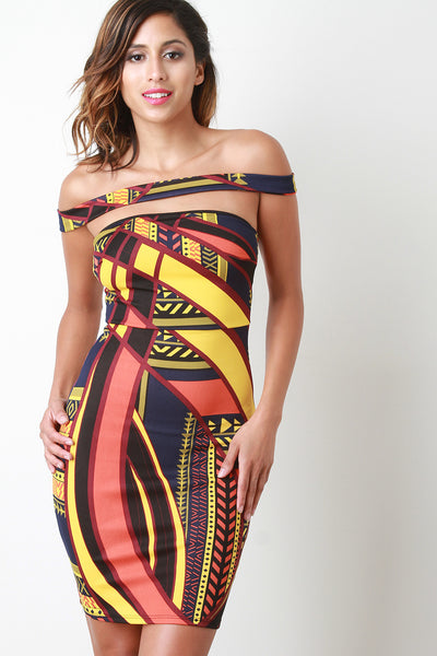 Geometric Print Banded Off-The-Shoulder Bodycon Dress