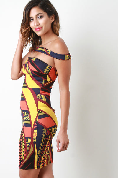 Geometric Print Banded Off-The-Shoulder Bodycon Dress