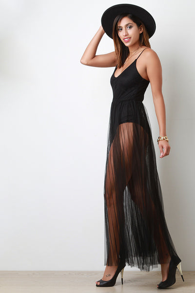 Pleated Semi Sheer Mesh Skirt Bodysuit Stlye Dress