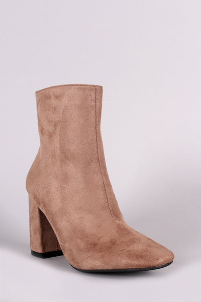 Suede Square Toe Zip-Up Chunky Heel Booties