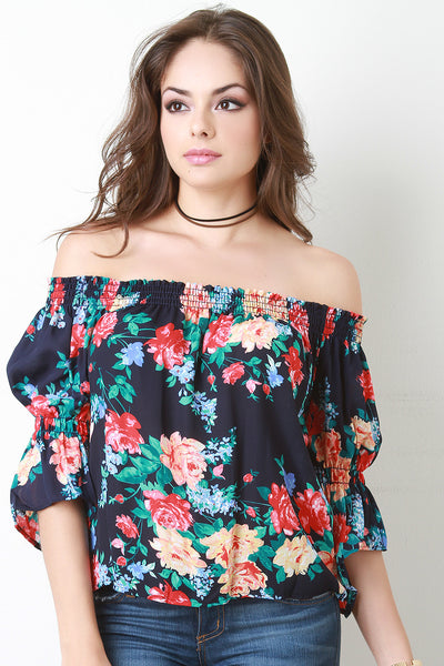 Floral Bardot Puff Ruffle Sleeve Top