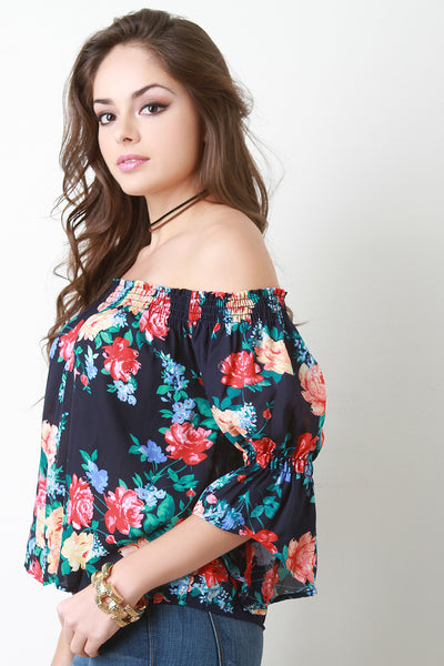 Floral Bardot Puff Ruffle Sleeve Top