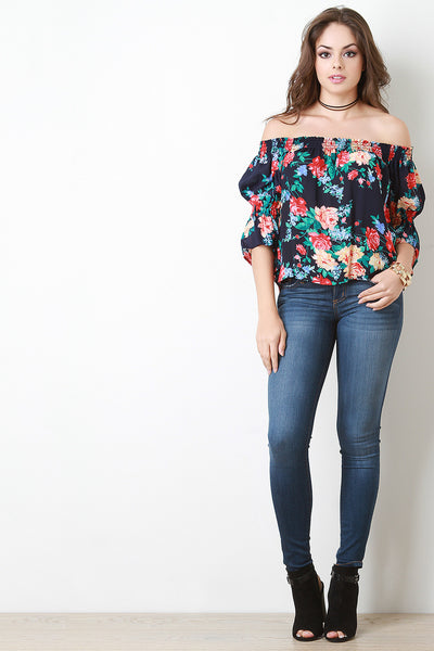 Floral Bardot Puff Ruffle Sleeve Top