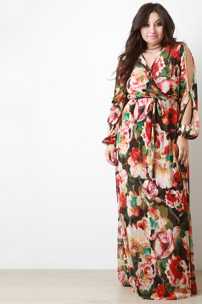 Floral Printed Mesh Slit Sleeve Wrap Maxi Dress