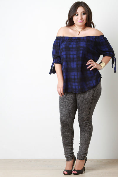 Plaid Tie Sleeve Off The Shoulder Top