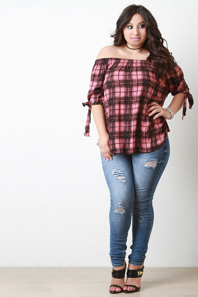 Plaid Tie Sleeve Off The Shoulder Top