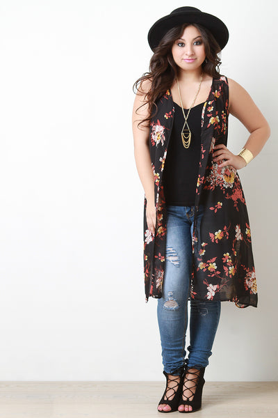 Semi Sheer Sleeveless Floral Kimono