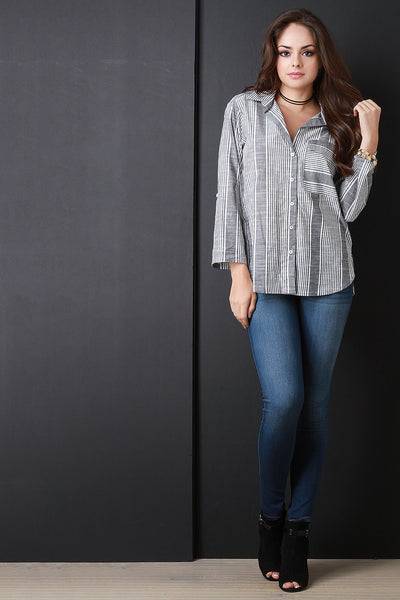 Striped Button Up Wide Sleeve Top