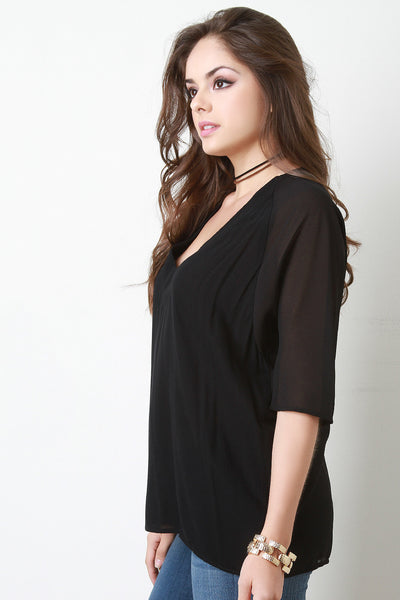 Semi-Sheer Deep V-Neck Half Sleeve Top