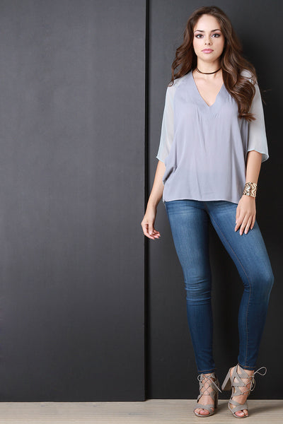 Semi-Sheer Deep V-Neck Half Sleeve Top