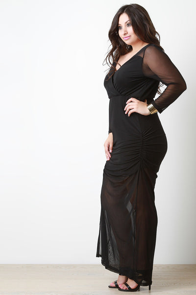 Semi-Sheer Mesh Drape Slit Maxi Dress