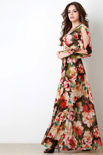 Floral Print Semi-Sheer Mesh Slit Sleeve Wrap Dress