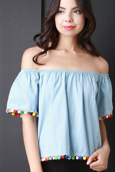 Pom Pom Chambray Bardot Top